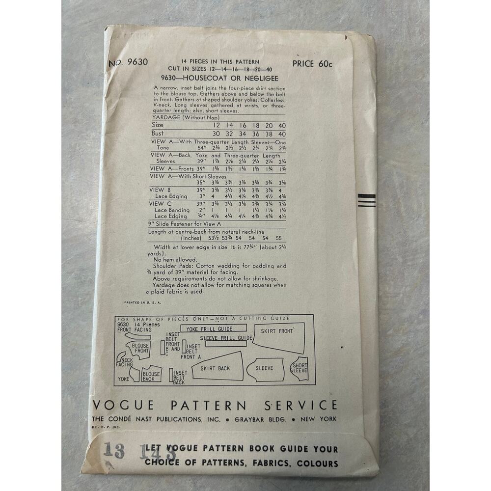 Vintage 30's-40's Vogue Pattern #9630 Housecoat Negligee Size 16 HTF - Picture 6 of 6